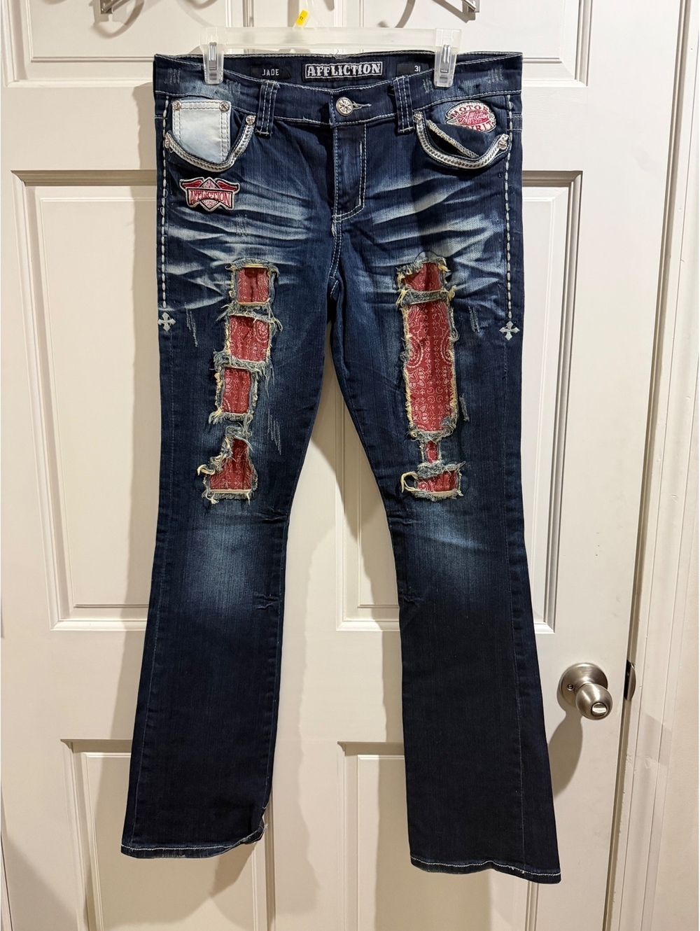 Affliction Jade Women's Distressed Blue Jeans with Red Bandana Patch Size 31